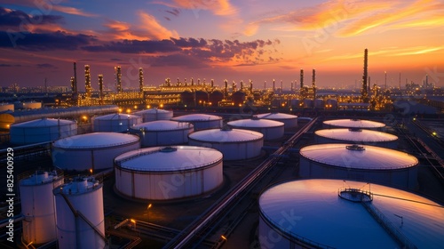 Massive oil refinery storage tanks glimmer under the vibrant colors of a sunset, with surrounding industrial structures illuminated.