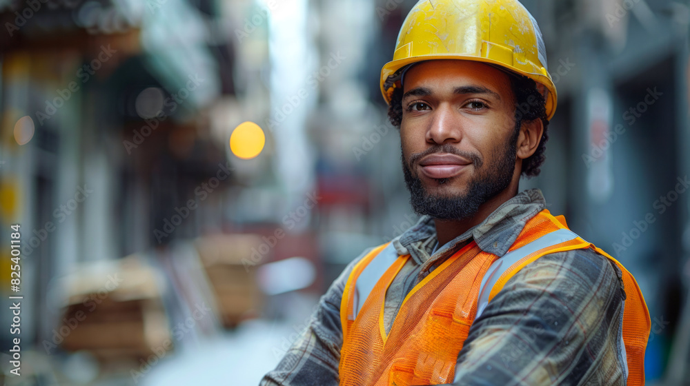 Portrait of a confident construction engineer in a yellow hard hat and orange waistcoat holding blueprints on a construction site. Portrait of a confident construction engineer in a yellow hard hat and orange waistcoat holding blueprints on a construction site.
