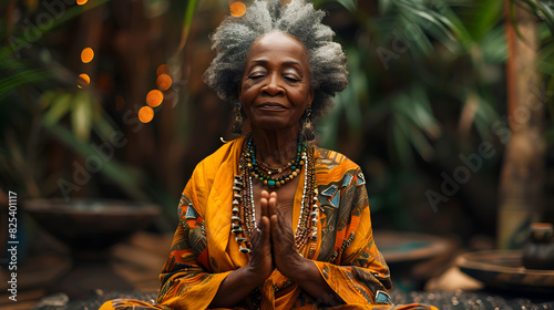 A man in a yellow robe meditating in a jungle setting