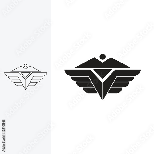winged mountain logo, uniquely visualized. monoline style and silhouette stylish.