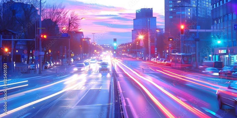 City traffic lights changing colors to manage traffic flow and improve safety. Concept Traffic management, Traffic lights, Safety measures, City infrastructure, Urban planning