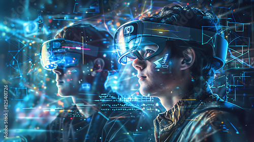VR glasses. Men with headphones and VR headsets in a colorful, explosive virtual reality environment