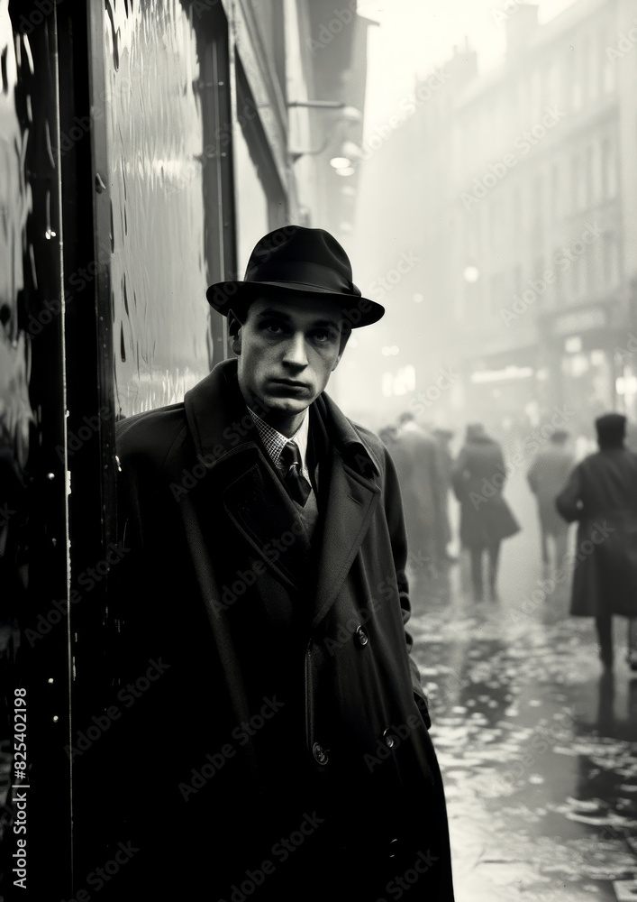 A black-and-white photograph of a man in a trench coat and fedora, leaning against a building on a foggy, busy street. The image evokes a nostalgic, noir atmosphere with its vintage urban setting. A black-and-white photograph of a man in a trench coat and fedora, leaning against a building on a foggy, busy street. The image evokes a nostalgic, noir atmosphere with its vintage urban setting.