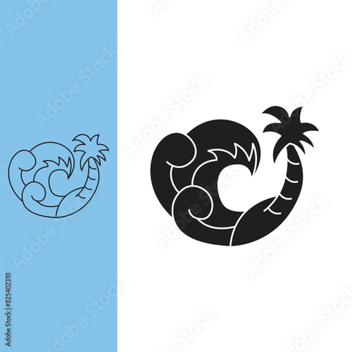 beautiful beach waves with coconut trees on the shore, monoline style and silhouette stylish.