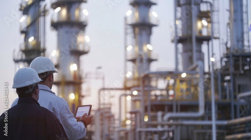 Two engineers wearing hard hats use a tablet to inspect a petroleum refinery at dusk, with the facility illuminated.