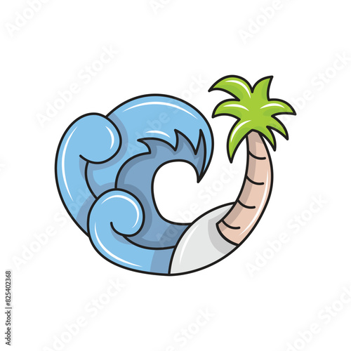 beautiful beach waves with coconut trees on the shore. solid color style,