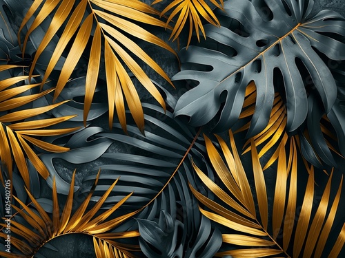ropical leaves 2 tone colors of gold and grey , palm graphic design creative nature background minimal summer abstract jungle forest pattern luxury exotic botanical design cosmetics illustration photo