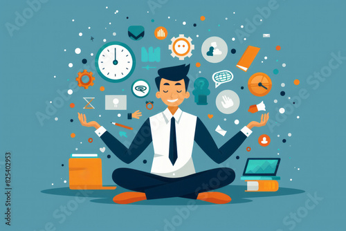 Illustration of a young man meditating surrounded by floating icons symbol ideas, creativity, creative project and productivity. Modern banner of brainstorming with flat illustration.