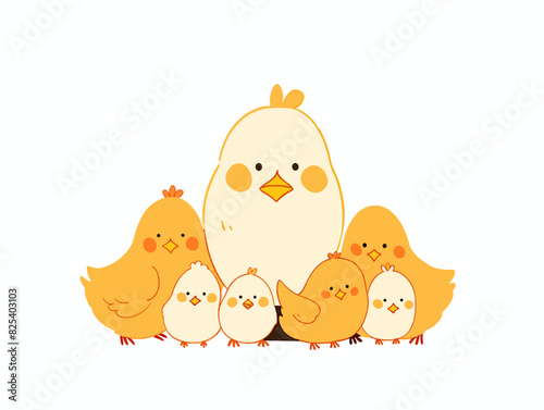 Vector illustration of a large yellow chick surrounded by smaller chicks against a plain background.