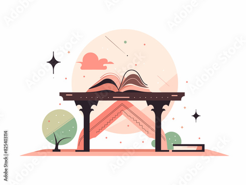 Vector illustration of a Quran open on a wooden stand against a night sky.