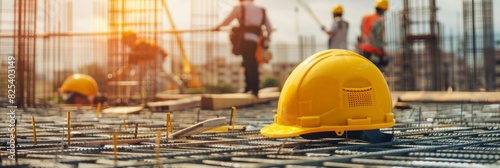 Construction site with workers, yellow hard hat. Prioritizing industrial safety. photo