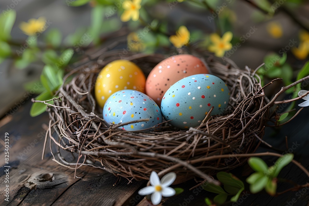 A nest filled with colorful easter eggs sitting on top of a wooden table A nest filled with colorful easter eggs sitting on top of a wooden table