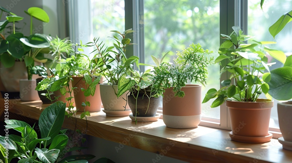 A row of various potted plants is neatly arranged on the window sill. The plants are thriving under the natural light, adding a touch of greenery to the interior space