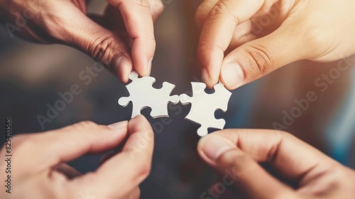 Concept of teamwork and partnership. Hands join puzzle pieces in the office. business people putting the jigsaws team together.Charity, volunteer. Unity, team business photo