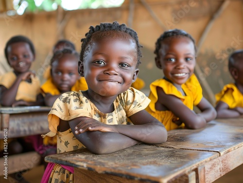 Group of cheerful African schoolchildren in a classroom, wearing yellow uniforms and displaying happy expressions.