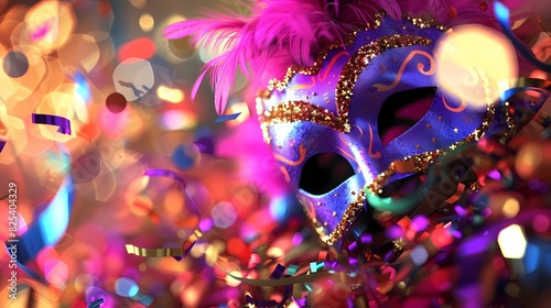 Create an AI rendering of vibrant confetti and masks for a festive Masquerade Ball."