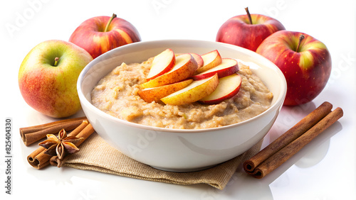 Oatmeal with apples and cinnamon in a white bowl on the table. photo