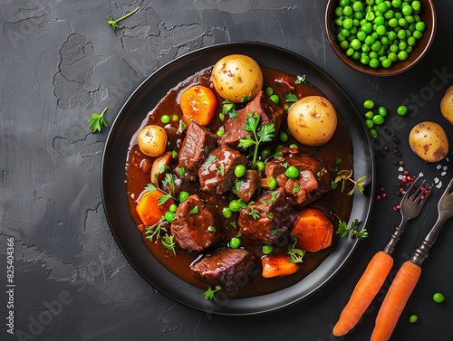 Savory Beef Stew: A Comforting Meal of Carrots, Parsley, Potatoes, and Peas