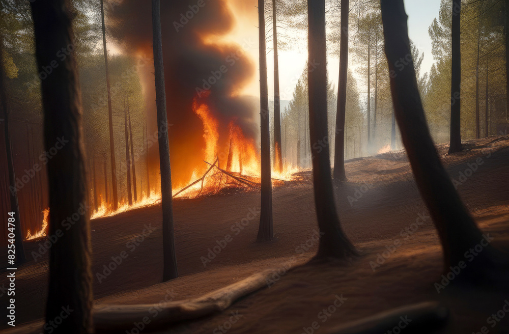 Fire in the forest, forest fires, fire, smoke, trees are burning. The concept of global warming and climate change on the planet.