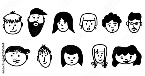 Different men and women portraits. Trendy stylish people avatar, icon, logo. Diverse contemporary cartoon faces set. Outline abstract cute sketch hand drawn collection. Isolated vector illustration