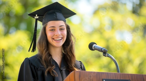 A smiling female graduate delivering a speech at a podium, outdoors with a green backdrop photo