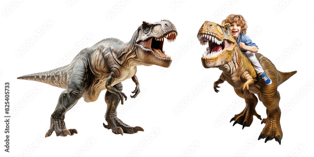 Set of tyrannosaurus rex with a child riding the dinosaur isolated on transparent background. Set of tyrannosaurus rex with a child riding the dinosaur isolated on transparent background.