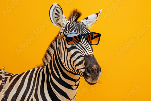 zebra wearing glasses and contemporary clothes isolated yellow background. ai generative image