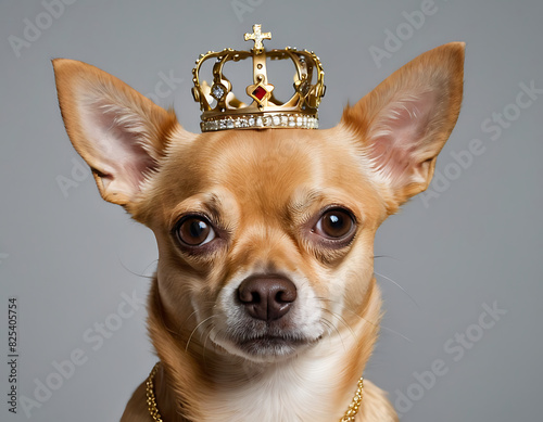 A regal Chihuahua wearing a golden crown and necklace, set against a simple gray background. The dog's expression is serious and dignified, befitting its royal attire.