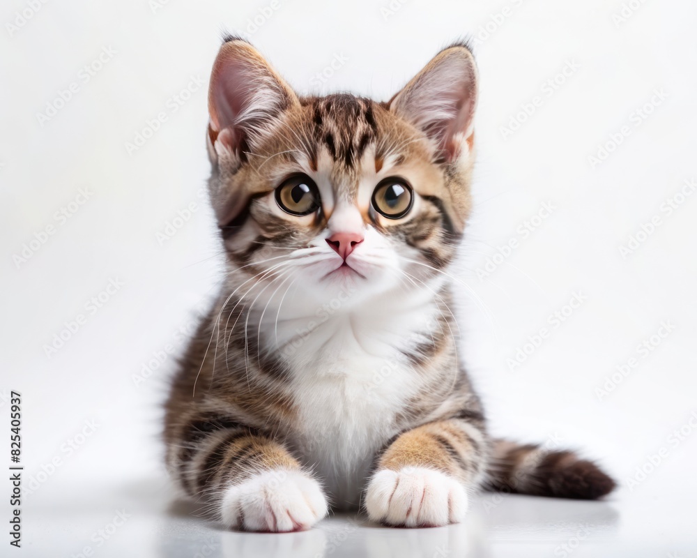 American Wirehair breed cat sitting isolated on white background looking at camera. American Wirehair breed cat sitting isolated on white background looking at camera.