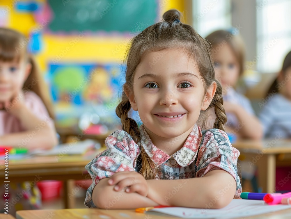 Close-up of a cheerful girl with pigtails sitting at a desk in a classroom, holding colorful pens and smiling. Close-up of a cheerful girl with pigtails sitting at a desk in a classroom, holding colorful pens and smiling.