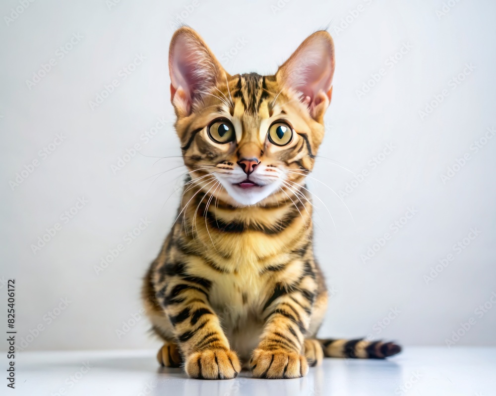 Fototapeta premium Bengal breed cat sitting isolated on white background looking at camera.