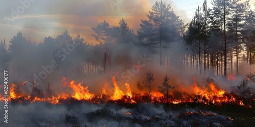 Pine forest devastated by wildfire during dry season exacerbates global environmental emergency. Concept Wildfire, Pine Forest, Environmental Emergency, Global Crisis, Devastation © Ян Заболотний