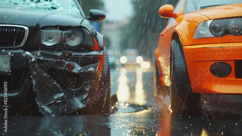 Two damaged vehicles are visible in a rainy urban setting, with one car severely dented and the other partially obscured by the heavy downpour.