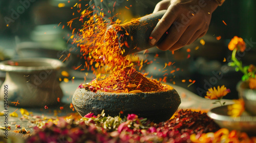 dynamic shot of spices being ground in a mortar and pestle with vibrant colors and rich aromas filling the kitchen