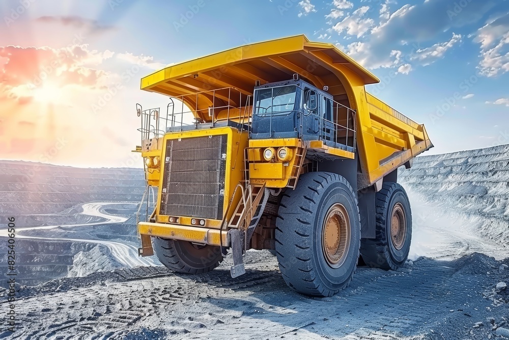 A massive, yellow mining truck navigates through a vast, open-pit quarry surrounded by dramatic rock formations, showcasing the power and resilience of the heavy machinery. A massive, yellow mining truck navigates through a vast, open-pit quarry surrounded by dramatic rock formations, showcasing the power and resilience of the heavy machinery.