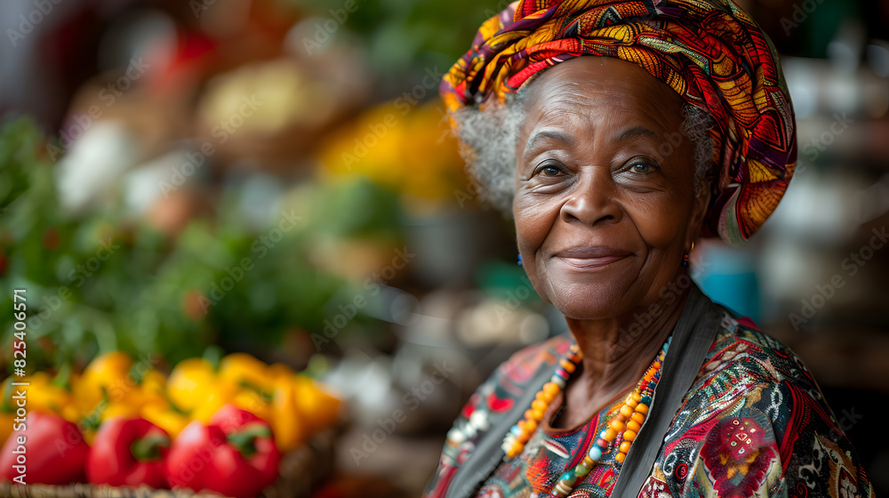 Fototapeta premium Smiling Elderly Woman at a Market Stall