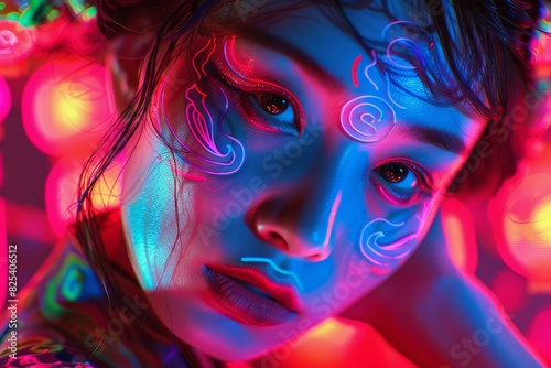 Colorful closeup of a woman with neon lighting and creative makeup artistry
