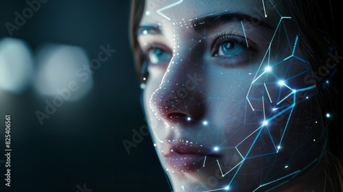 Womans Face With Digital Biometric Facial Recognition, Technology Concept in Dark Room