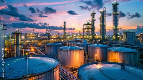 A sprawling industrial oil refinery with numerous storage tanks and towers bathed in the colorful glow of a stunning sunset.