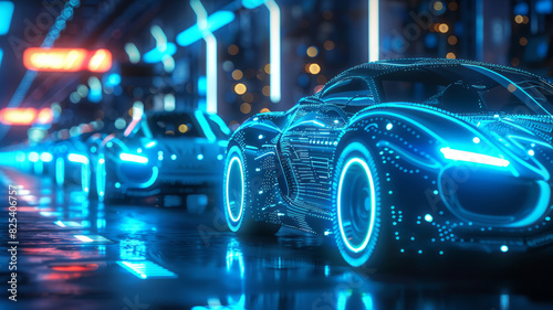 Creative Background, Automated Car Factory Concept, Robotic Arm Building Cars, Blue Glowing Bright Line,generative ai photo