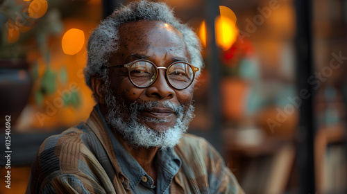 Close-up portrait of a senior man with gray hair and beard, wearing glasses and a face mask, looking at the camera in a warm, inviting setting.