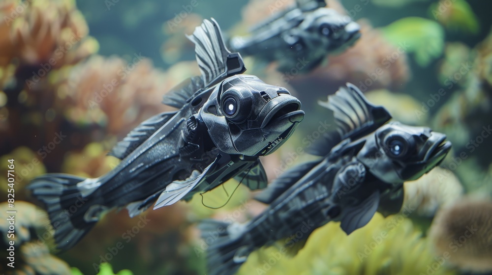Futuristic Robotic Fish Swimming in an Underwater Scene Futuristic Robotic Fish Swimming in an Underwater Scene