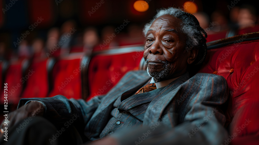 A man in a grey suit and glasses sits in a red theater seat, smiling and looking relaxed A man in a grey suit and glasses sits in a red theater seat, smiling and looking relaxed