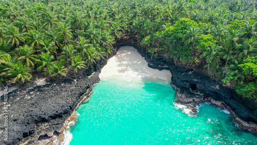 Aerial view of a Battery Beach in Sao Tome and Principe, Equator Island in Africa