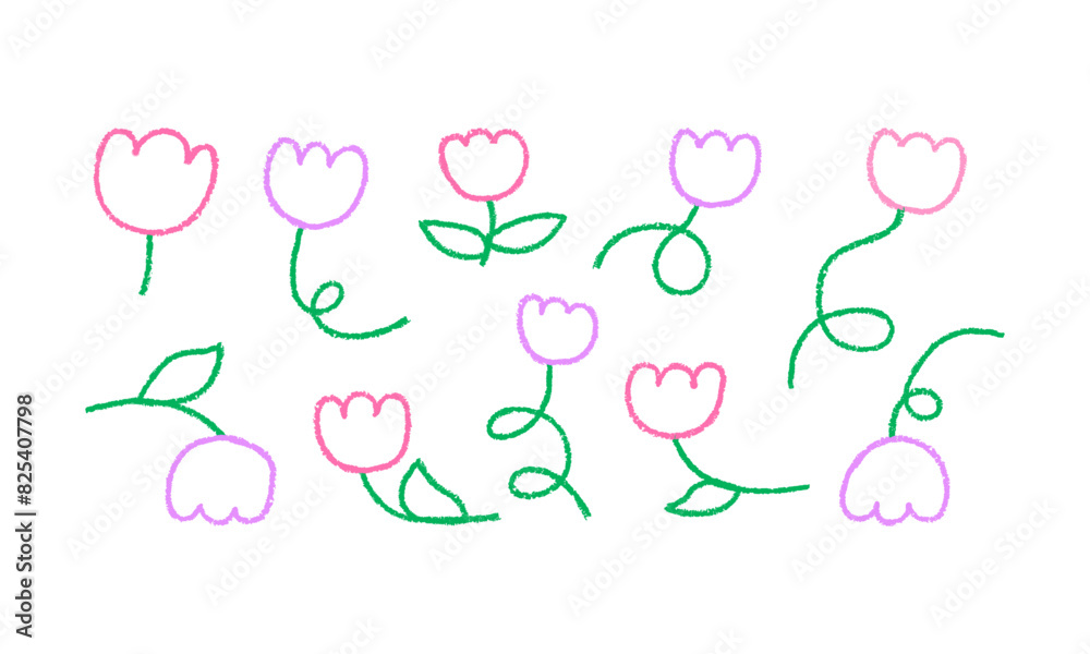 Set of abstract crayon naive flowers. Vector illustration of doodle florals in quirky charcoal style