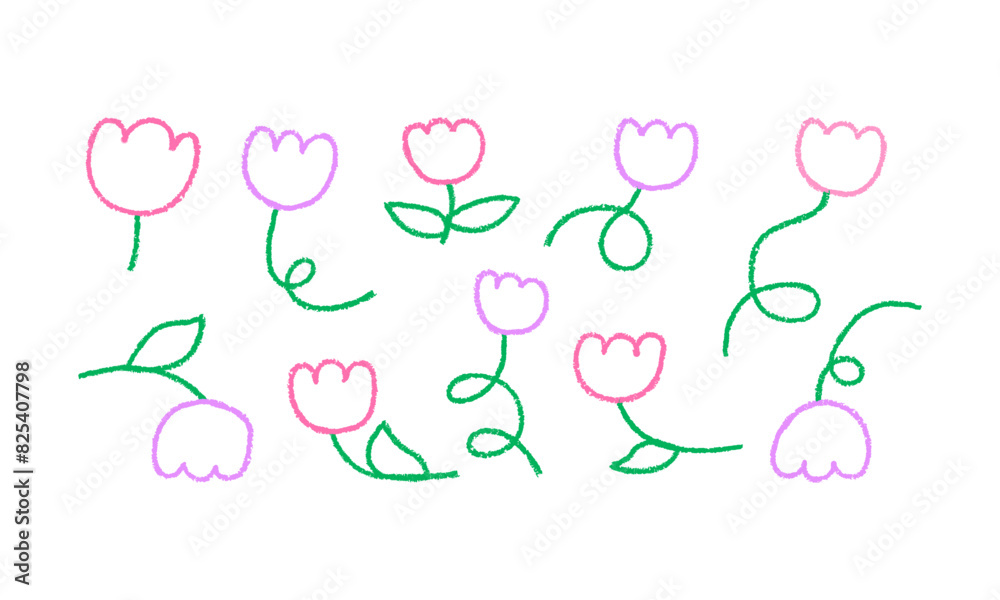 Set of abstract crayon naive flowers. Vector illustration of doodle florals in quirky charcoal style Set of abstract crayon naive flowers. Vector illustration of doodle florals in quirky charcoal style