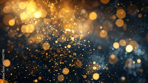 Abstract festive dark background with gold glitter and bokeh. New year, birthday, holidays celebration.