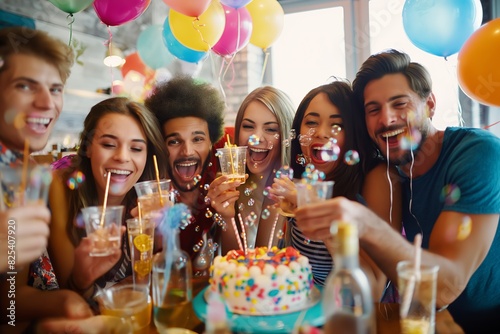 A group of joyful friends are celebrating a birthday with cake, balloons, and laughter, enjoying a festive and fun moment together, capturing special memories of happiness and togetherness