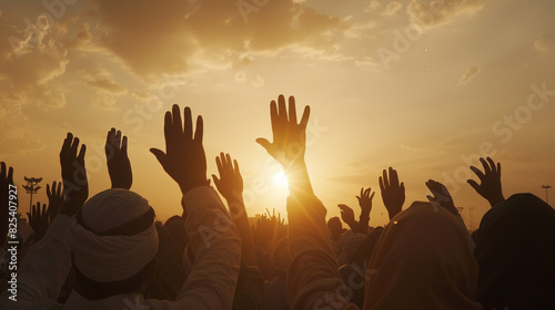 dynamic shot of worshippers raising their hands in Dua supplication after completing Eid Salah invoking blessings and guidance for themselves and their loved ones photo