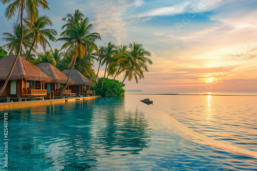 A luxurious tropical resort during sunrise  featuring overwater villas with traditional thatched roofs  surrounded by lush palm trees and an infinity pool seamlessly blending with the ocean